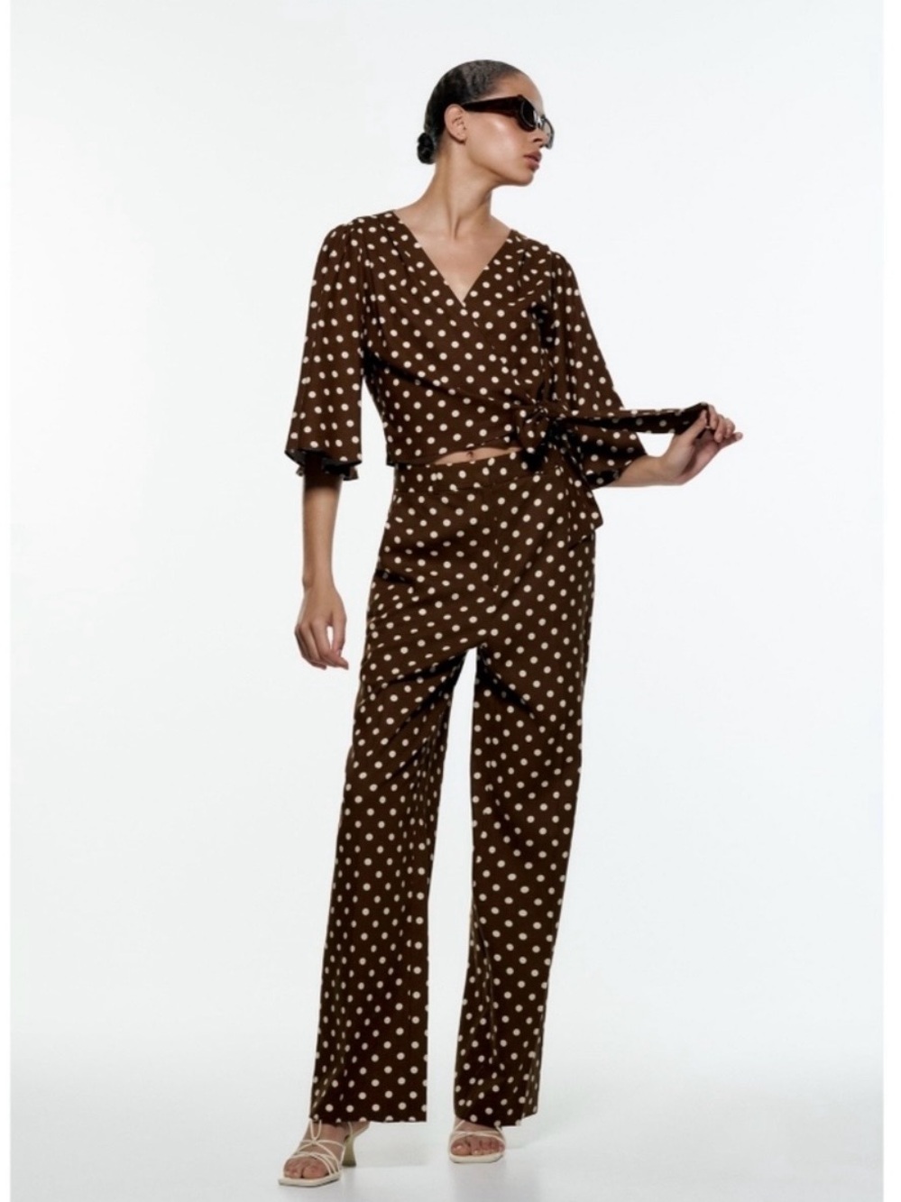 Zara Linen Brown Polka Dot Wrap Blouse with matching Pants